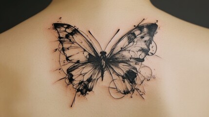 Poster - A creative abstract butterfly tattoo on a person's back, featuring unique design elements and flowing contours, embodying freedom and artistic style.