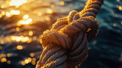Poster - A detailed shot of a nautical rope knot, wet with sea spray, glistening under the warm light of a sunset, evoking a coastal, serene feeling.