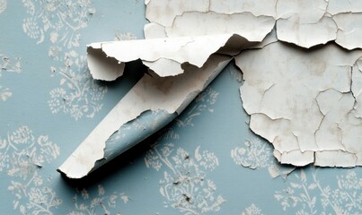 Poster - Peeling white paint reveals vintage floral wallpaper on a weathered wall with aged texture.