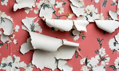 Poster - Peeling white wallpaper reveals a pink floral pattern on a distressed wall, creating an aged effect.