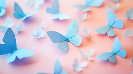 Poster - A dreamy scene of delicate blue paper butterflies scattered across a pastel-colored background, evoking a whimsical and airy ambiance of freedom.