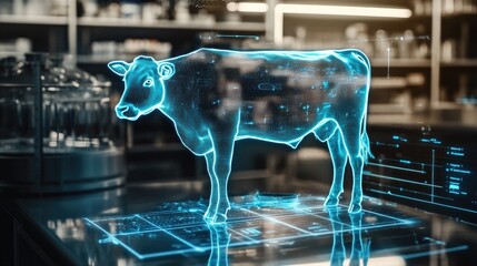 Poster - A futuristic digital hologram of a cow in a modern lab, representing cutting-edge sustainable farming solutions and advancements in food science.