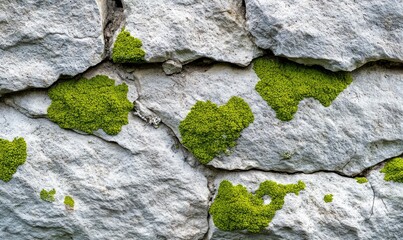 Poster - Lush green moss patches add vibrant color and organic texture to the rough, gray stone wall.