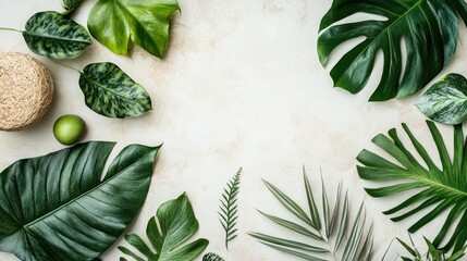 Poster - A minimalist botanical flatlay featuring various green elements like leaves and stems, arranged organically with natural textures for a fresh, peaceful vibe.