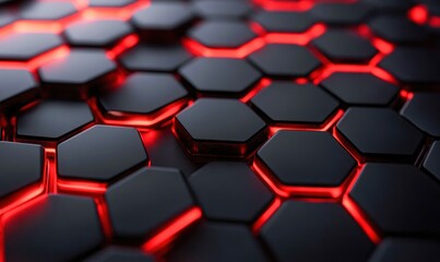 Poster - A captivating macro shot showcases a dark, metallic honeycomb structure with a vibrant red glow illuminating its core.