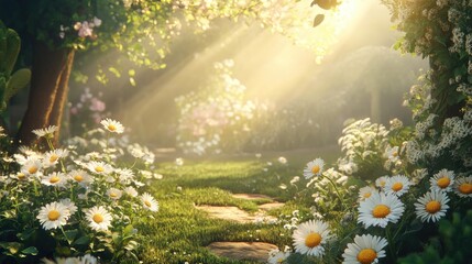 Aufkleber - A peaceful garden scene with wild chamomile flowers blooming under gentle sunlight, creating a serene and calm atmosphere in the warm afternoon.