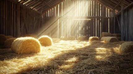 Poster - A peaceful rustic barn filled with hay bales, where warm sunlight pours through the wooden slats, making the space feel inviting and cozy.