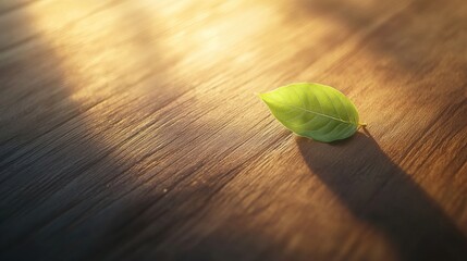 Poster - A single green leaf resting on a wooden surface, bathed in soft sunlight, showcasing the beauty of nature in a serene and minimalist composition.