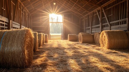 Poster - A warm, rustic barn filled with hay bales, with sunlight streaming through the wooden slats, casting a soft glow on the country-inspired setting.