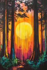 Wall Mural - forest illustration with tall trees and a glowing sun or moon in background.