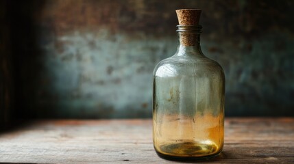 Poster - An antique glass bottle with a cork positioned on a wooden surface, capturing the timeless beauty of vintage decor in soft natural lighting.
