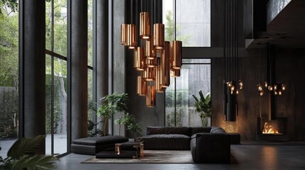 Poster - An industrial-inspired modern loft with copper chandeliers, dark decor, and large windows that bring in abundant natural light, creating a trendy atmosphere.