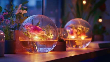 Poster - An innovative scent distillation setup featuring glowing orbs filled with floral infusions and advanced botanical technology, creating a modern, aromatic experience.