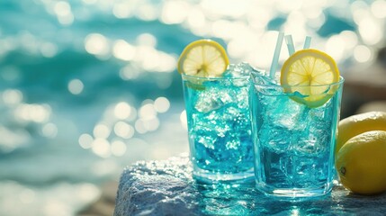 Poster - Bright turquoise cocktails with lemon slices set on a textured table by the seaside, evoking a cool and refreshing atmosphere perfect for summer.