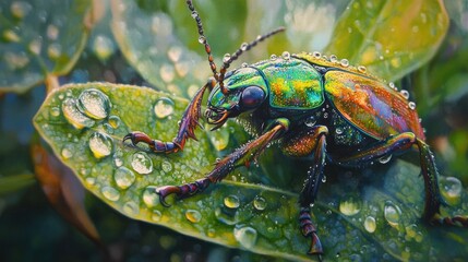 Poster - Close-up of an iridescent beetle on a leaf, surrounded by dew drops, capturing the natural beauty and vibrant colors of the insect in a serene setting.