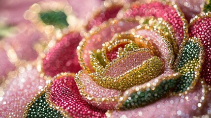 Poster - Close-up of intricate floral beadwork embroidery featuring shimmering pink, green, and gold beads, forming an elegant rose pattern on luxurious fabric.