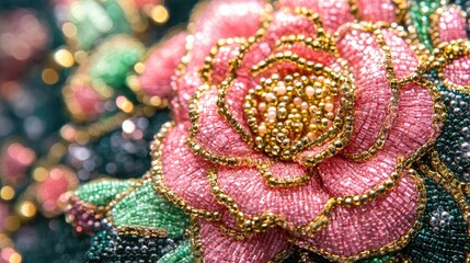 Poster - Close-up of intricate floral beadwork embroidery featuring shimmering pink, green, and gold beads, forming an elegant rose pattern on luxurious fabric.