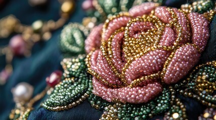 Poster - Close-up of intricate floral beadwork embroidery featuring shimmering pink, green, and gold beads, forming an elegant rose pattern on luxurious fabric.