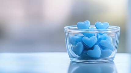 Poster - Delicate pastel blue heart-shaped candies in a glass jar, softly lit to highlight their texture and sweetness, set against a serene light background for an inviting look.