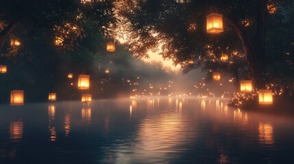 Poster - Floating lanterns illuminate a foggy river on a mystical night, with warm golden light enhancing the enchanting atmosphere of serenity and tranquility.