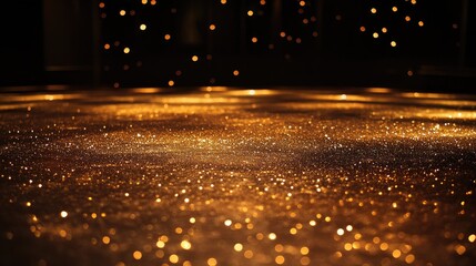 Poster - Golden glitter lights on the floor, illuminated by dramatic stage lights, creating a dazzling and captivating atmosphere in a performance setting.