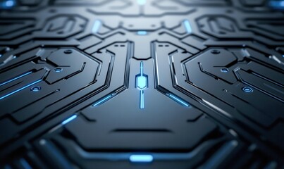 Poster - A highly detailed futuristic metallic surface with glowing blue lines and intricate geometric patterns.