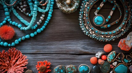 Aufkleber - Handcrafted turquoise jewelry arranged beautifully on a dark brown wooden surface, with coral accents enhancing the vibrant, artisanal appeal.