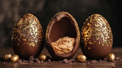 Poster - Luxurious artistic chocolate eggs with cracked shells revealing creamy mousse filling, decorated with elegant gold accents, perfect for an extravagant Easter celebration.