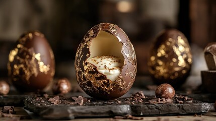 Poster - Luxurious artistic chocolate eggs with cracked shells revealing creamy mousse filling, decorated with elegant gold accents, perfect for an extravagant Easter celebration.