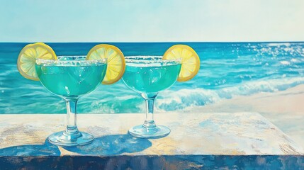 Poster - Refreshing turquoise cocktails adorned with lemon slices, resting on a textured table by the seaside, ideal for a chic and refreshing summer experience.