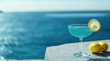 Poster - Refreshing turquoise cocktails adorned with lemon slices, resting on a textured table by the seaside, ideal for a chic and refreshing summer experience.