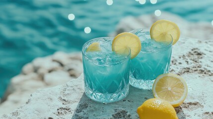 Poster - Refreshing turquoise cocktails adorned with lemon slices, resting on a textured table by the seaside, ideal for a chic and refreshing summer experience.