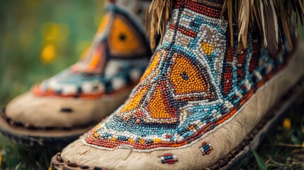 Aufkleber - Traditional Indigenous moccasins featuring detailed beadwork in earthy hues, with soft natural lighting that accentuates the craftsmanship and cultural heritage.