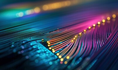 Poster - An abstract close-up shows vibrant optic fibers transmitting high-speed data with glowing light.