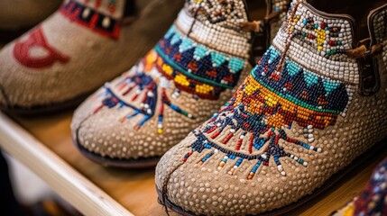 Aufkleber - Traditional Indigenous moccasins featuring detailed beadwork in earthy hues, with soft natural lighting that accentuates the craftsmanship and cultural heritage.