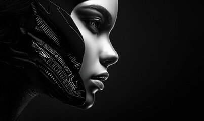 Poster - A striking black and white profile of a woman merges with futuristic technology.