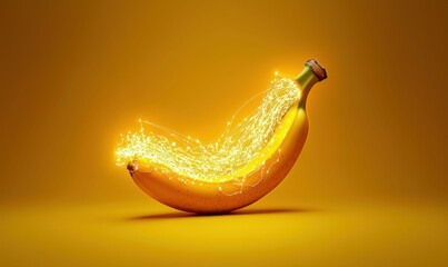 Wall Mural - a vibrant yellow banana radiates glowing energy from within on a matching background.