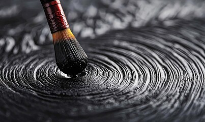 Poster - A paintbrush creates swirling patterns with dark paint, highlighting texture and artistic expression in a studio environment.