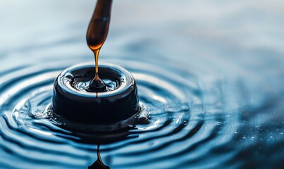 Poster - A dark, viscous liquid creates ripples as it drips into a pool of the same substance.