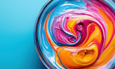 Poster - Colorful acrylic paints are swirling together in a glass bowl, creating a vibrant and abstract pattern.