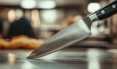 A close-up of a shiny chef's knife piercing a metallic surface in a restaurant kitchen.