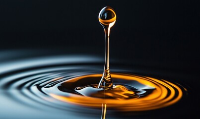 Poster - A golden droplet falls, creating concentric ripples on the dark liquid surface with stunning clarity.