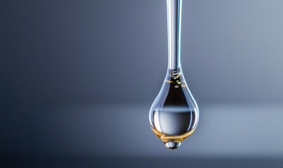 Poster - A single, clear droplet of liquid clings, showcasing a smooth, reflective surface against blue.
