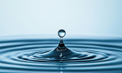 Poster - A single water droplet creates delicate ripples as it plunges into a tranquil pool of blue.