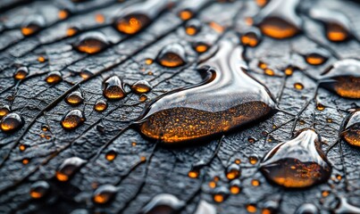 Poster - Glistening amber drops create a visually striking abstract pattern on the textured surface, revealing intricate details.