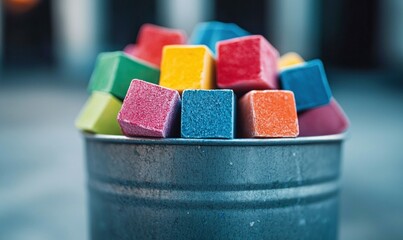 Poster - Vibrant sugar cubes in a rustic metal bucket create a colorful and sweet still life arrangement.