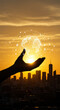 © StockWorld - Global Connection: Hand Holding Digital Earth at Sunset over Cityscape - Connectivity, Technology, and Future Vision