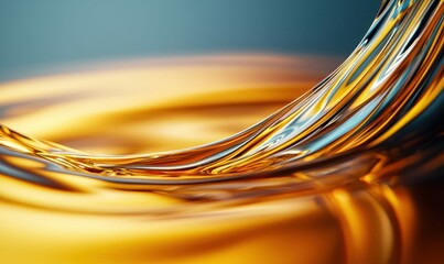 Poster - Close-up of flowing golden liquid creating dynamic waves and ripples on a reflective surface.