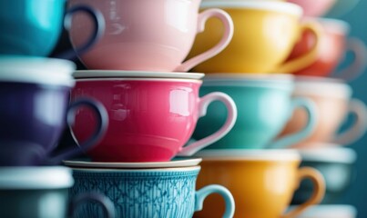 Poster - A cheerful stack of colorful tea cups creates a bright and vibrant background for designs.