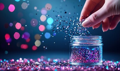 Poster - A shower of glittering flakes is sprinkled over a jar, setting a magical mood for a festive celebration.